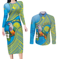 Personalised Palau Biib Bird Couples Matching Long Sleeve Bodycon Dress and Long Sleeve Button Shirt Rur Flower And Rock Islands Patterns DT05 Blue - Polynesian Pride