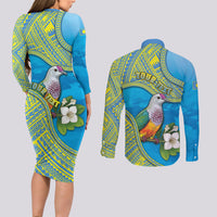 Personalised Palau Biib Bird Couples Matching Long Sleeve Bodycon Dress and Long Sleeve Button Shirt Rur Flower And Rock Islands Patterns DT05 - Polynesian Pride