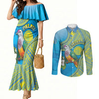 Personalised Palau Biib Bird Couples Matching Mermaid Dress and Long Sleeve Button Shirt Rur Flower And Rock Islands Patterns DT05 Blue - Polynesian Pride