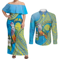 Personalised Palau Biib Bird Couples Matching Off Shoulder Maxi Dress and Long Sleeve Button Shirt Rur Flower And Rock Islands Patterns DT05 Blue - Polynesian Pride