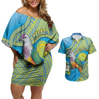 Personalised Palau Biib Bird Couples Matching Off Shoulder Short Dress and Hawaiian Shirt Rur Flower And Rock Islands Patterns DT05 Blue - Polynesian Pride