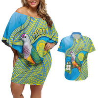 Personalised Palau Biib Bird Couples Matching Off Shoulder Short Dress and Hawaiian Shirt Rur Flower And Rock Islands Patterns