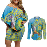 Personalised Palau Biib Bird Couples Matching Off Shoulder Short Dress and Long Sleeve Button Shirt Rur Flower And Rock Islands Patterns DT05 Blue - Polynesian Pride