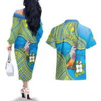 Personalised Palau Biib Bird Couples Matching Off The Shoulder Long Sleeve Dress and Hawaiian Shirt Rur Flower And Rock Islands Patterns