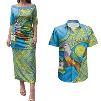 Personalised Palau Biib Bird Couples Matching Puletasi and Hawaiian Shirt Rur Flower And Rock Islands Patterns DT05 Blue - Polynesian Pride