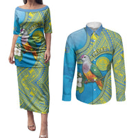 Personalised Palau Biib Bird Couples Matching Puletasi and Long Sleeve Button Shirt Rur Flower And Rock Islands Patterns DT05 Blue - Polynesian Pride