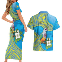 Personalised Palau Biib Bird Couples Matching Short Sleeve Bodycon Dress and Hawaiian Shirt Rur Flower And Rock Islands Patterns