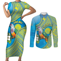 Personalised Palau Biib Bird Couples Matching Short Sleeve Bodycon Dress and Long Sleeve Button Shirt Rur Flower And Rock Islands Patterns DT05 Blue - Polynesian Pride