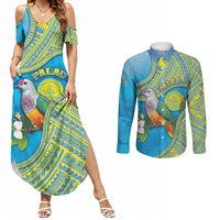 Personalised Palau Biib Bird Couples Matching Summer Maxi Dress and Long Sleeve Button Shirt Rur Flower And Rock Islands Patterns DT05 Blue - Polynesian Pride