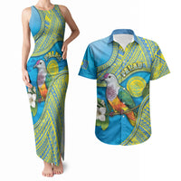 Personalised Palau Biib Bird Couples Matching Tank Maxi Dress and Hawaiian Shirt Rur Flower And Rock Islands Patterns DT05 Blue - Polynesian Pride