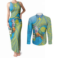 Personalised Palau Biib Bird Couples Matching Tank Maxi Dress and Long Sleeve Button Shirt Rur Flower And Rock Islands Patterns DT05 Blue - Polynesian Pride