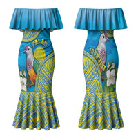 Personalised Palau Biib Bird Family Matching Mermaid Dress and Hawaiian Shirt Rur Flower And Rock Islands Patterns DT05 Mom's Dress Blue - Polynesian Pride