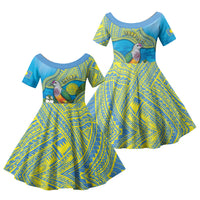 Personalised Palau Biib Bird Family Matching Mermaid Dress and Hawaiian Shirt Rur Flower And Rock Islands Patterns DT05 Daughter's Dress Blue - Polynesian Pride