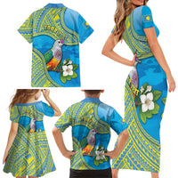 Personalised Palau Biib Bird Family Matching Short Sleeve Bodycon Dress and Hawaiian Shirt Rur Flower And Rock Islands Patterns DT05 Mom's Dress Blue - Polynesian Pride