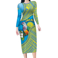 Personalised Palau Biib Bird Long Sleeve Bodycon Dress Rur Flower And Rock Islands Patterns DT05 Long Dress Blue - Polynesian Pride