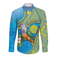 Personalised Palau Biib Bird Long Sleeve Button Shirt Rur Flower And Rock Islands Patterns DT05 Unisex Blue - Polynesian Pride