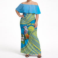Personalised Palau Biib Bird Off Shoulder Maxi Dress Rur Flower And Rock Islands Patterns DT05 Women Blue - Polynesian Pride