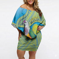 Personalised Palau Biib Bird Off Shoulder Short Dress Rur Flower And Rock Islands Patterns DT05 Women Blue - Polynesian Pride