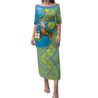 Personalised Palau Biib Bird Puletasi Rur Flower And Rock Islands Patterns DT05 Long Dress Blue - Polynesian Pride
