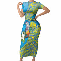 Personalised Palau Biib Bird Short Sleeve Bodycon Dress Rur Flower And Rock Islands Patterns DT05 Long Dress Blue - Polynesian Pride
