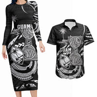 Personalised Guam Liberation Day Couples Matching Long Sleeve Bodycon Dress and Hawaiian Shirt Black White Latte Stone Tribal Patterns DT05 Black - Polynesian Pride