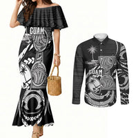 Personalised Guam Liberation Day Couples Matching Mermaid Dress and Long Sleeve Button Shirt Black White Latte Stone Tribal Patterns DT05 Black - Polynesian Pride