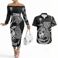 Personalised Guam Liberation Day Couples Matching Off The Shoulder Long Sleeve Dress and Hawaiian Shirt Black White Latte Stone Tribal Patterns DT05 Black - Polynesian Pride