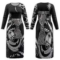 Personalised Guam Liberation Day Family Matching Long Sleeve Bodycon Dress and Hawaiian Shirt Black White Latte Stone Tribal Patterns DT05 Mom's Dress Black - Polynesian Pride