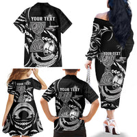 Personalised Guam Liberation Day Family Matching Off The Shoulder Long Sleeve Dress and Hawaiian Shirt Black White Latte Stone Tribal Patterns