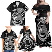 Personalised Guam Liberation Day Family Matching Off Shoulder Maxi Dress and Hawaiian Shirt Black White Latte Stone Tribal Patterns