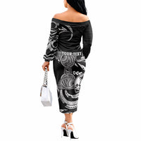 Personalised Guam Liberation Day Off The Shoulder Long Sleeve Dress Black White Latte Stone Tribal Patterns DT05 - Polynesian Pride