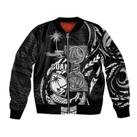 Personalised Guam Liberation Day Sleeve Zip Bomber Jacket Black White Latte Stone Tribal Patterns