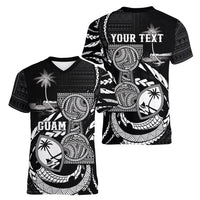 Personalised Guam Liberation Day Women V-Neck T-Shirt Black White Latte Stone Tribal Patterns