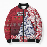American Samoa Christmas Bomber Puffer Jacket Seashell Xmas Tree Tribal Waves - Polynesian Pride
