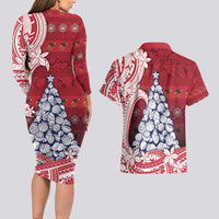 American Samoa Christmas Couples Matching Long Sleeve Bodycon Dress and Hawaiian Shirt Seashell Xmas Tree Tribal Waves - Polynesian Pride