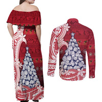 American Samoa Christmas Couples Matching Off Shoulder Maxi Dress and Long Sleeve Button Shirt Seashell Xmas Tree Tribal Waves - Polynesian Pride
