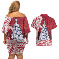 American Samoa Christmas Couples Matching Off Shoulder Short Dress and Hawaiian Shirt Seashell Xmas Tree Tribal Waves - Polynesian Pride