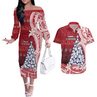 American Samoa Christmas Couples Matching Off The Shoulder Long Sleeve Dress and Hawaiian Shirt Seashell Xmas Tree Tribal Waves - Polynesian Pride