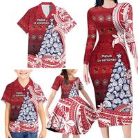 American Samoa Christmas Family Matching Long Sleeve Bodycon Dress and Hawaiian Shirt Seashell Xmas Tree Tribal Waves - Polynesian Pride
