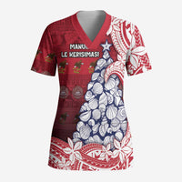 American Samoa Christmas Scrub Top Seashell Xmas Tree Tribal Waves - Polynesian Pride