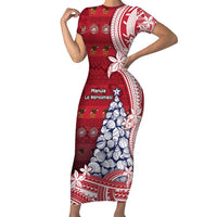 American Samoa Christmas Short Sleeve Bodycon Dress Seashell Xmas Tree Tribal Waves DT05 Long Dress Red - Polynesian Pride