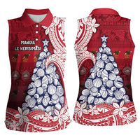 American Samoa Christmas Women Sleeveless Polo Shirt Seashell Xmas Tree Tribal Waves - Polynesian Pride