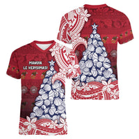 American Samoa Christmas Women V-Neck T-Shirt Seashell Xmas Tree Tribal Waves - Polynesian Pride