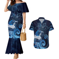 New Zealand Matariki Couples Matching Mermaid Dress and Hawaiian Shirt Maori Tui Bird Blue Galaxy DT05 Blue - Polynesian Pride