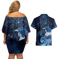 New Zealand Matariki Couples Matching Off Shoulder Short Dress and Hawaiian Shirt Maori Tui Bird Blue Galaxy DT05 - Polynesian Pride