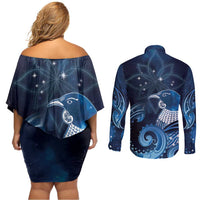 New Zealand Matariki Couples Matching Off Shoulder Short Dress and Long Sleeve Button Shirt Maori Tui Bird Blue Galaxy