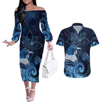 New Zealand Matariki Couples Matching Off The Shoulder Long Sleeve Dress and Hawaiian Shirt Maori Tui Bird Blue Galaxy DT05 Blue - Polynesian Pride