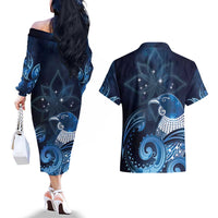 New Zealand Matariki Couples Matching Off The Shoulder Long Sleeve Dress and Hawaiian Shirt Maori Tui Bird Blue Galaxy DT05 - Polynesian Pride