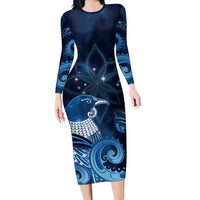 New Zealand Matariki Family Matching Long Sleeve Bodycon Dress and Hawaiian Shirt Maori Tui Bird Blue Galaxy