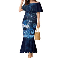 New Zealand Matariki Family Matching Mermaid Dress and Hawaiian Shirt Maori Tui Bird Blue Galaxy